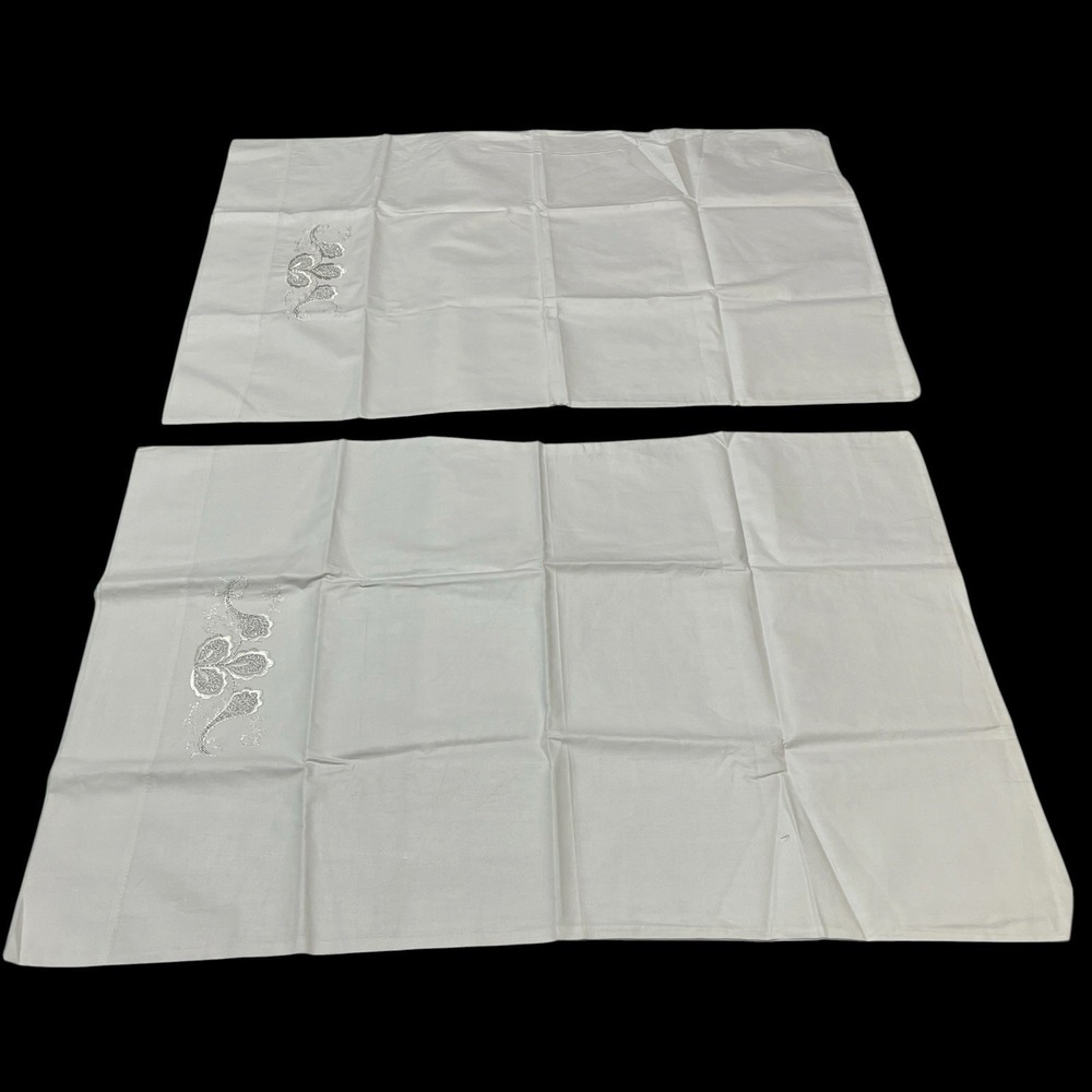White Pillow Case Set White Floral Embroidered Silver Accent King Bridal Wedding